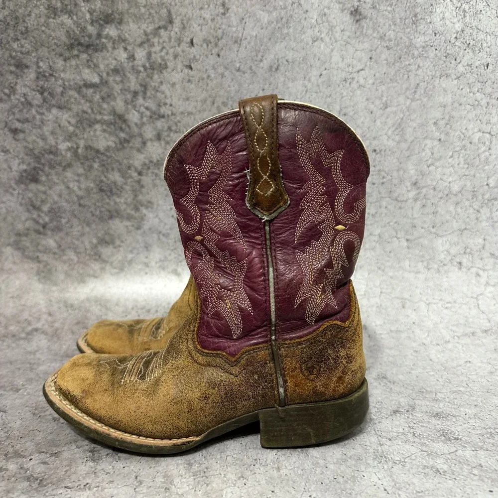 Ariat Tombstone Western Boots Kids Size 11 Brown Purple Leather Square Toe 4LR